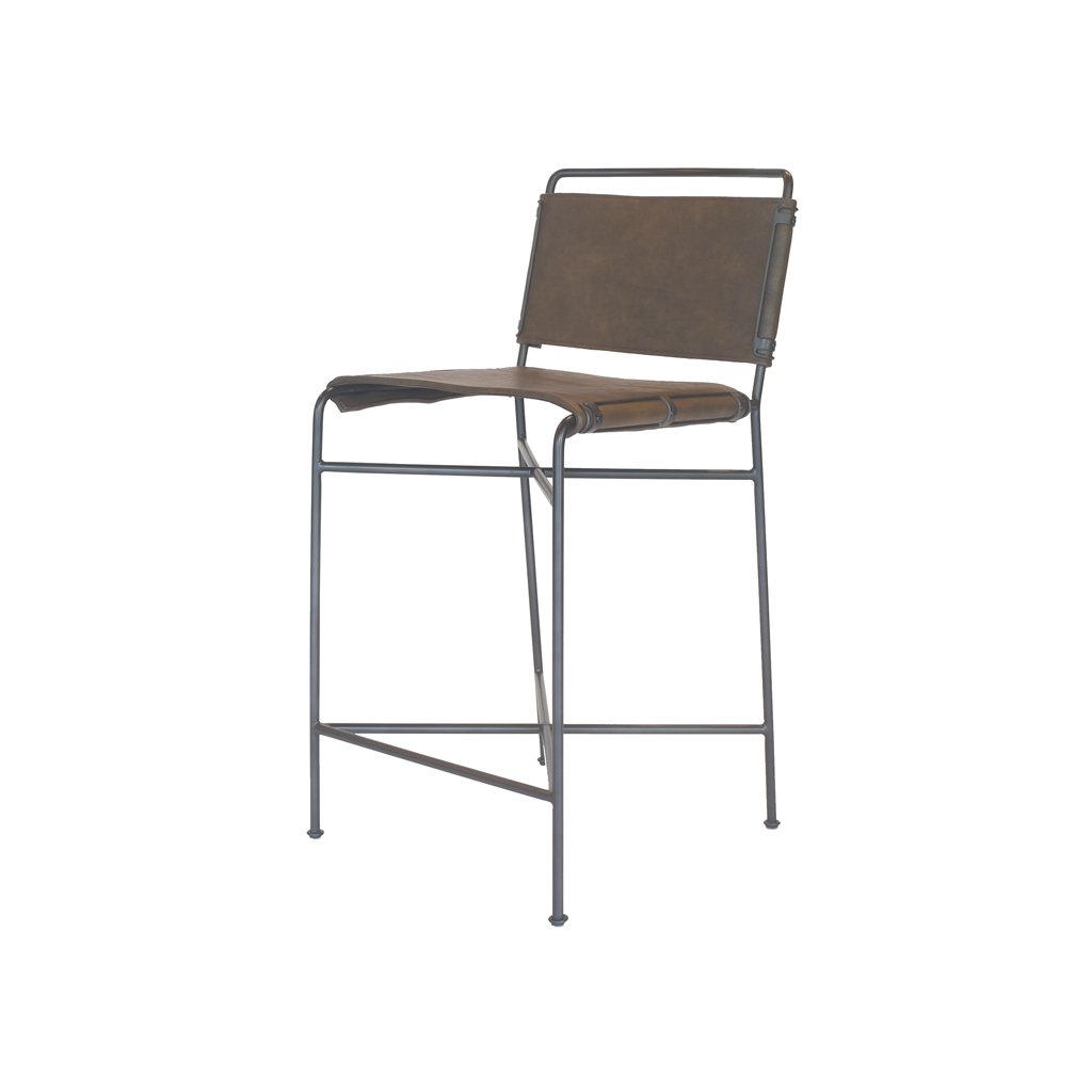 Brown Leather and Metal Counter Stool Side