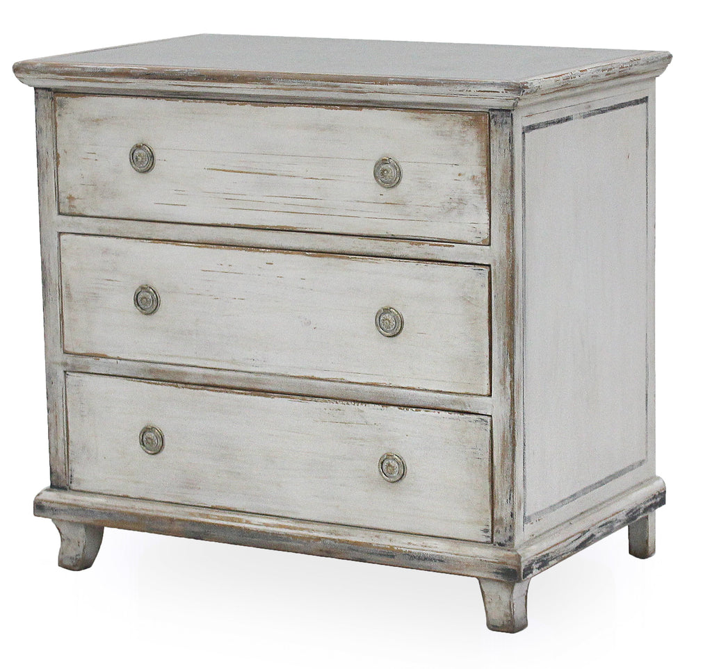 Distressed White Finish Chest with Zinc Top Shown At an Angle