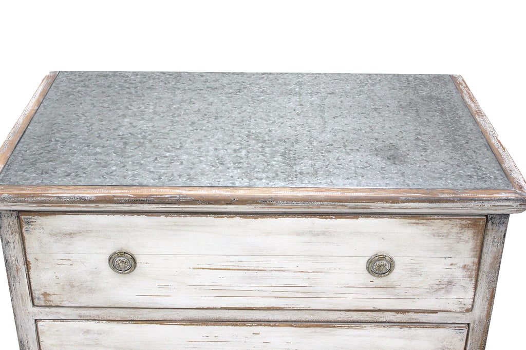 Zinc Top on Distressed White Finish Chest