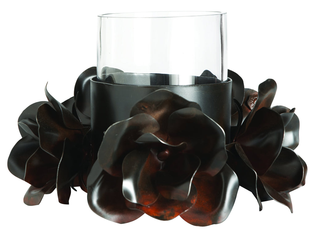 Glass Votive Surrounded by Five Iron Roses