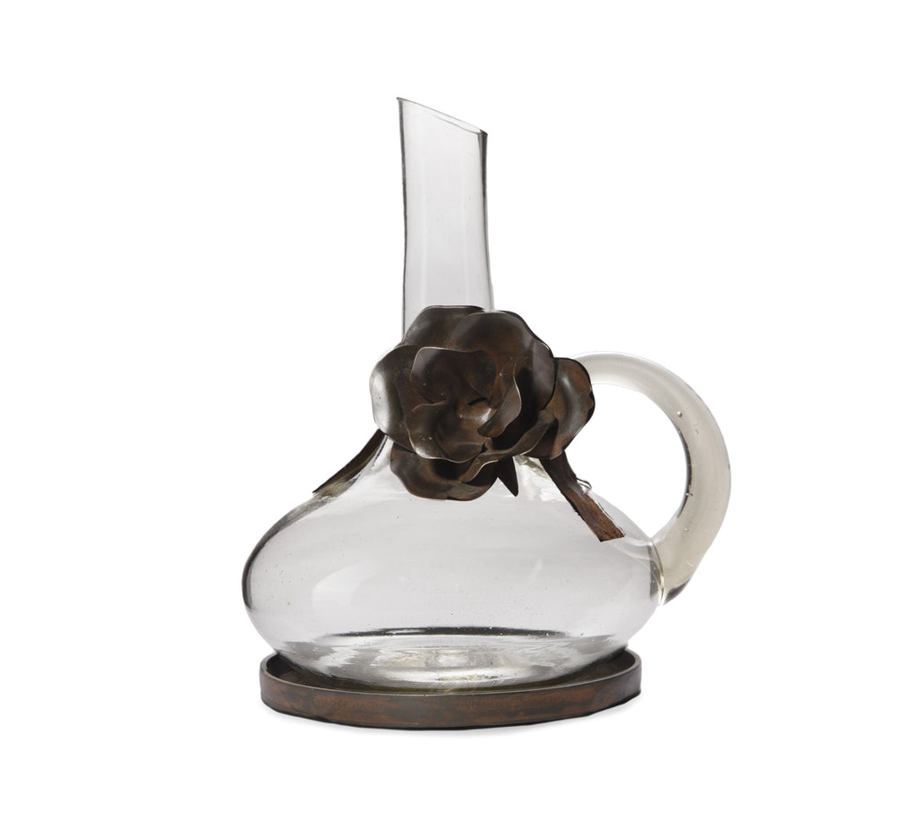 Mouth Blown Glass Decanter with Iron Rose Detail