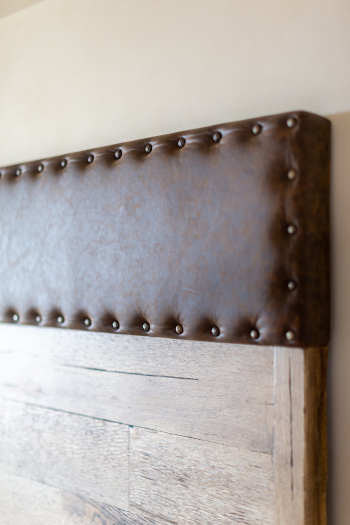 Close Up of Laurent Headboard Nail Heads on Chocolate Leather