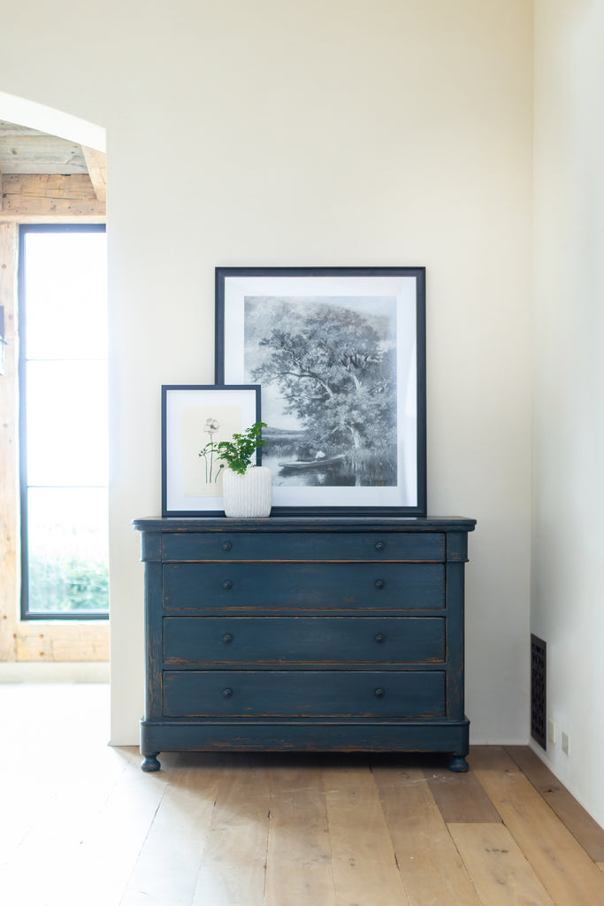 Rubbed Black Chest of Drawers with Iron Pulls Styled in Home